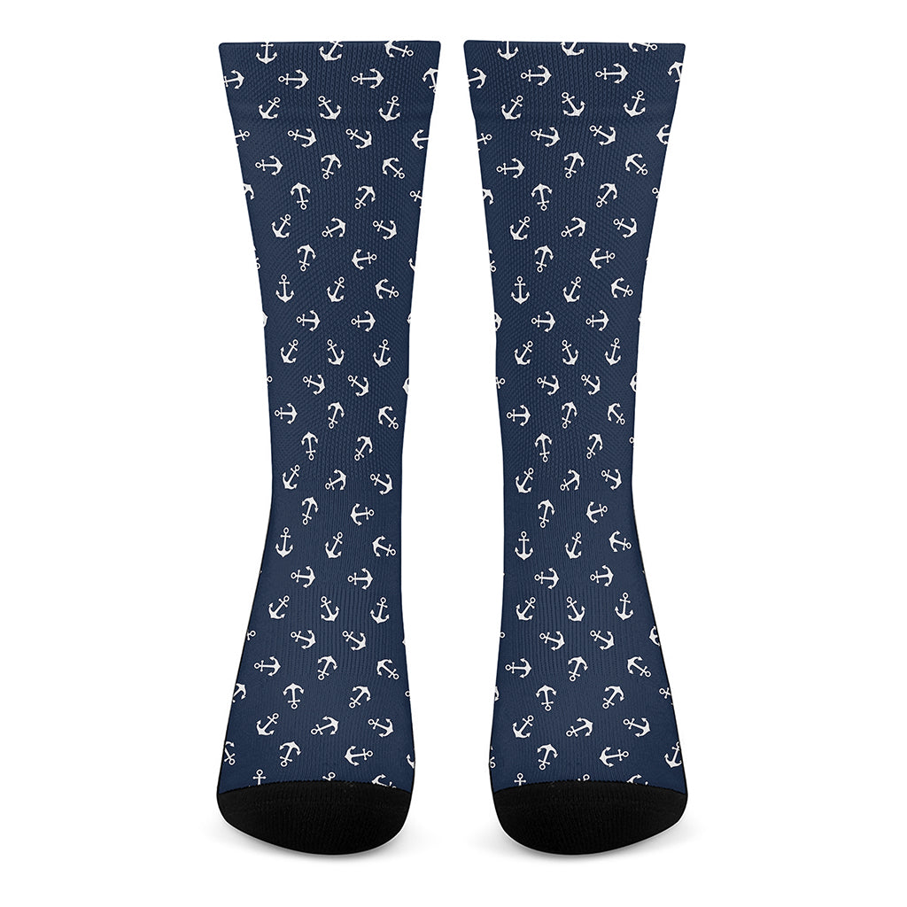 Blue And White Anchor Pattern Print Crew Socks