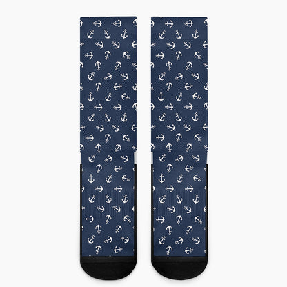 Blue And White Anchor Pattern Print Crew Socks