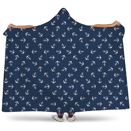 Blue And White Anchor Pattern Print Hooded Blanket