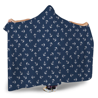 Blue And White Anchor Pattern Print Hooded Blanket