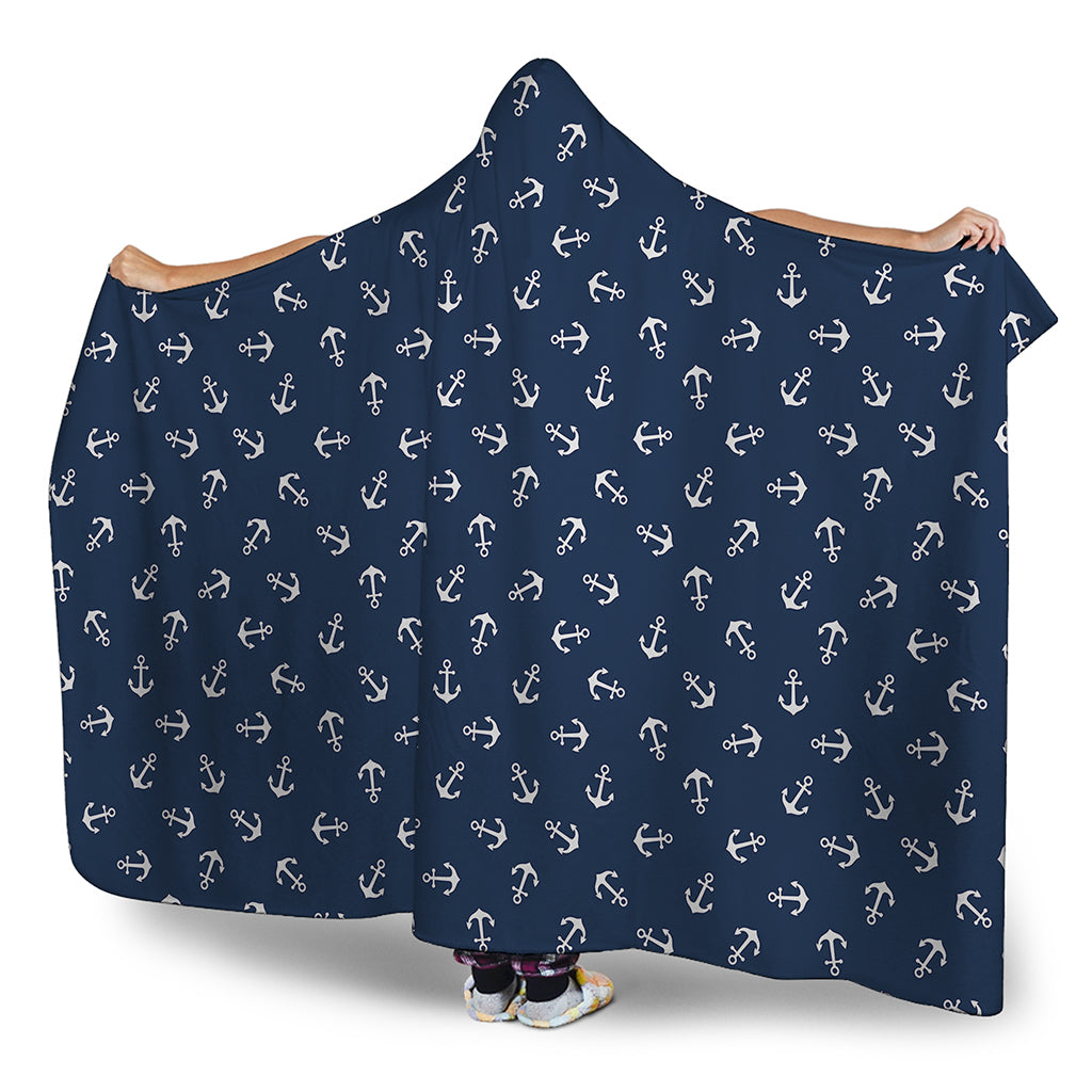 Blue And White Anchor Pattern Print Hooded Blanket