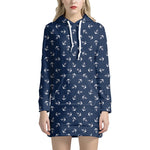 Blue And White Anchor Pattern Print Hoodie Dress