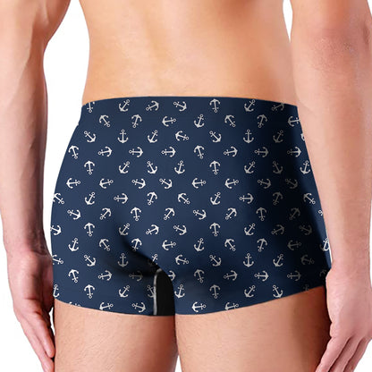 Blue And White Anchor Pattern Print Men's Boxer Briefs