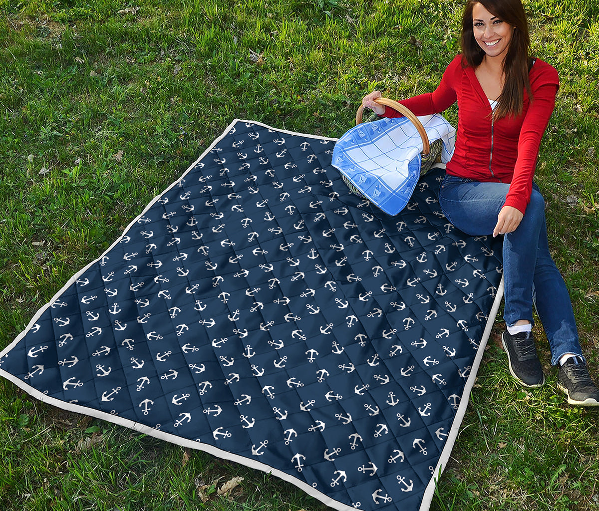 Blue And White Anchor Pattern Print Quilt