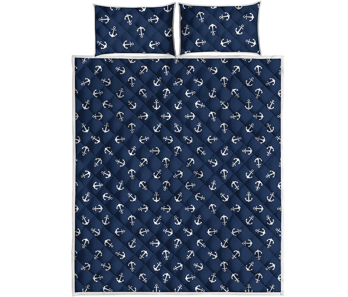 Blue And White Anchor Pattern Print Quilt Bed Set