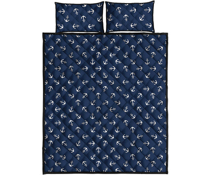 Blue And White Anchor Pattern Print Quilt Bed Set