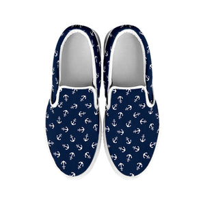 Blue And White Anchor Pattern Print White Slip On Shoes