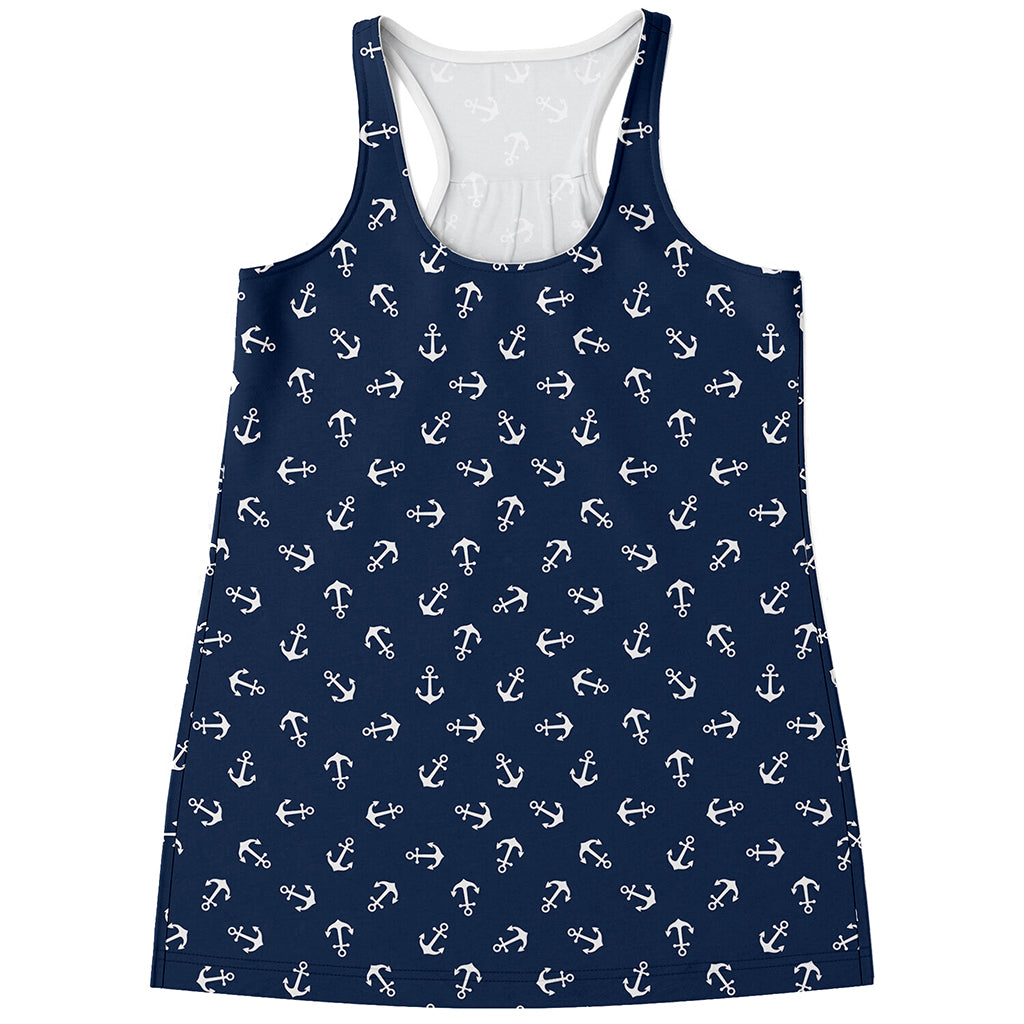 Blue And White Anchor Pattern Print Women's Racerback Tank Top