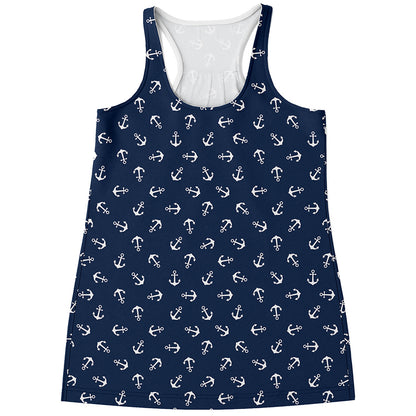 Blue And White Anchor Pattern Print Women's Racerback Tank Top
