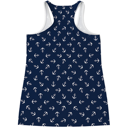 Blue And White Anchor Pattern Print Women's Racerback Tank Top