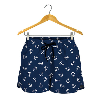 Blue And White Anchor Pattern Print Women's Shorts
