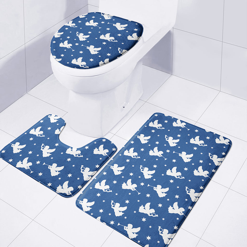 Blue And White Angel Pattern Print 3 Piece Bath Mat Set