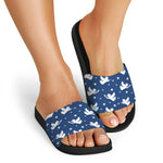 Blue And White Angel Pattern Print Black Slide Sandals