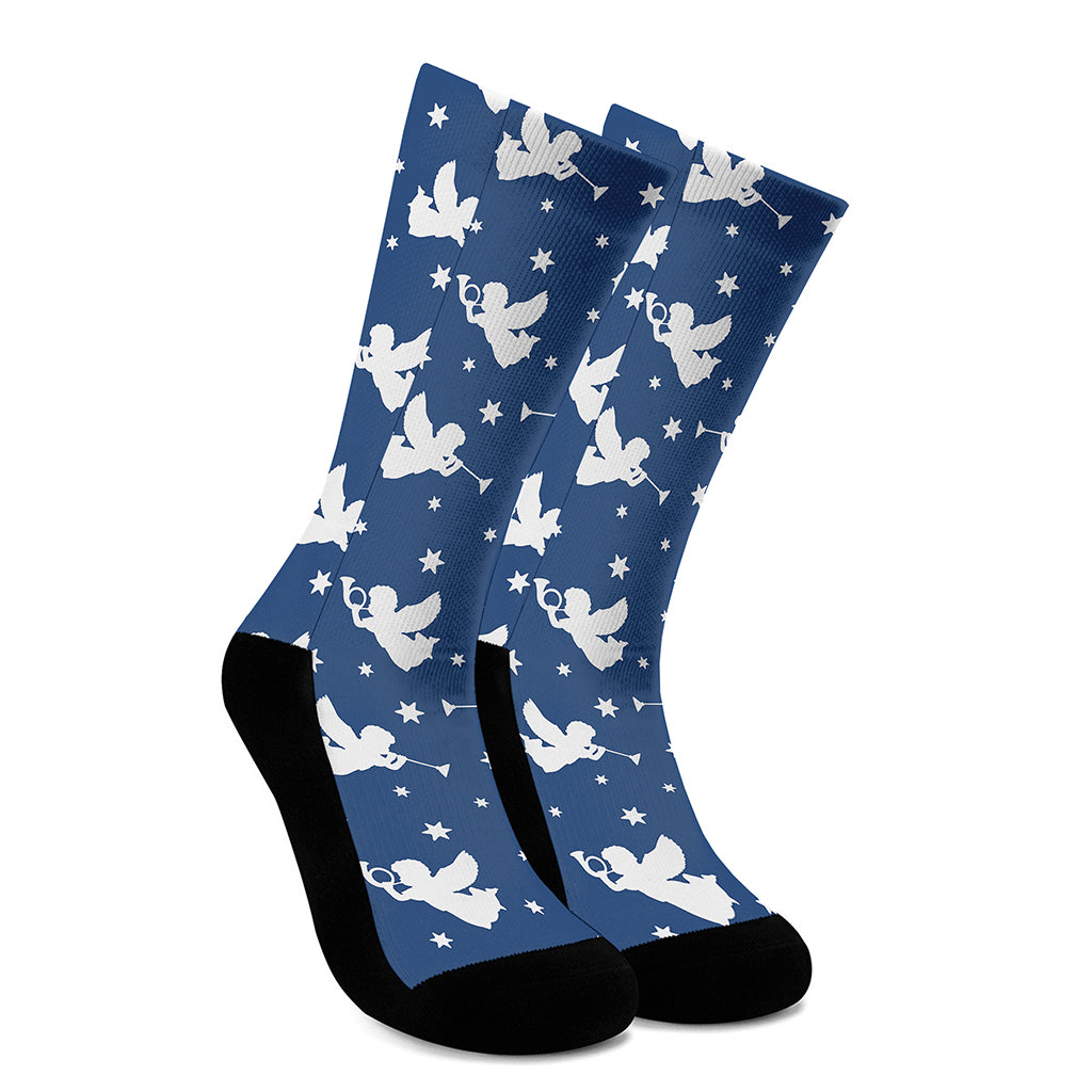 Blue And White Angel Pattern Print Crew Socks