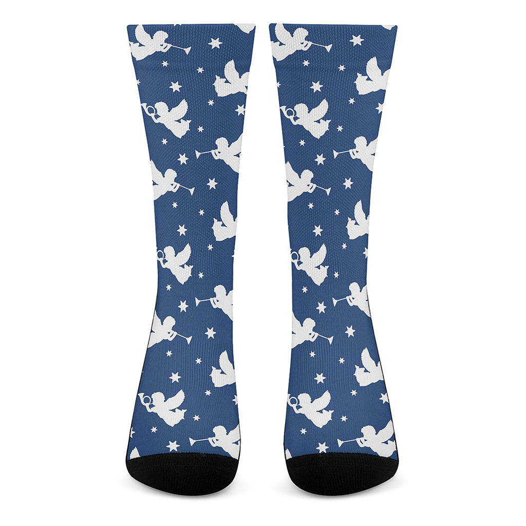 Blue And White Angel Pattern Print Crew Socks