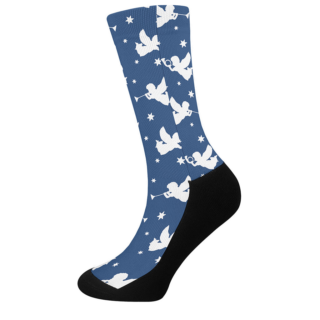 Blue And White Angel Pattern Print Crew Socks