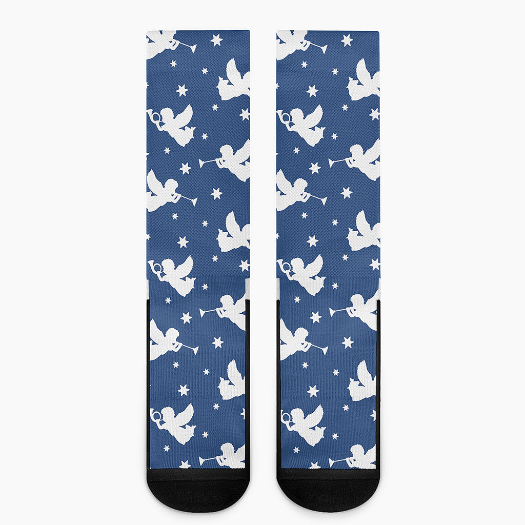 Blue And White Angel Pattern Print Crew Socks