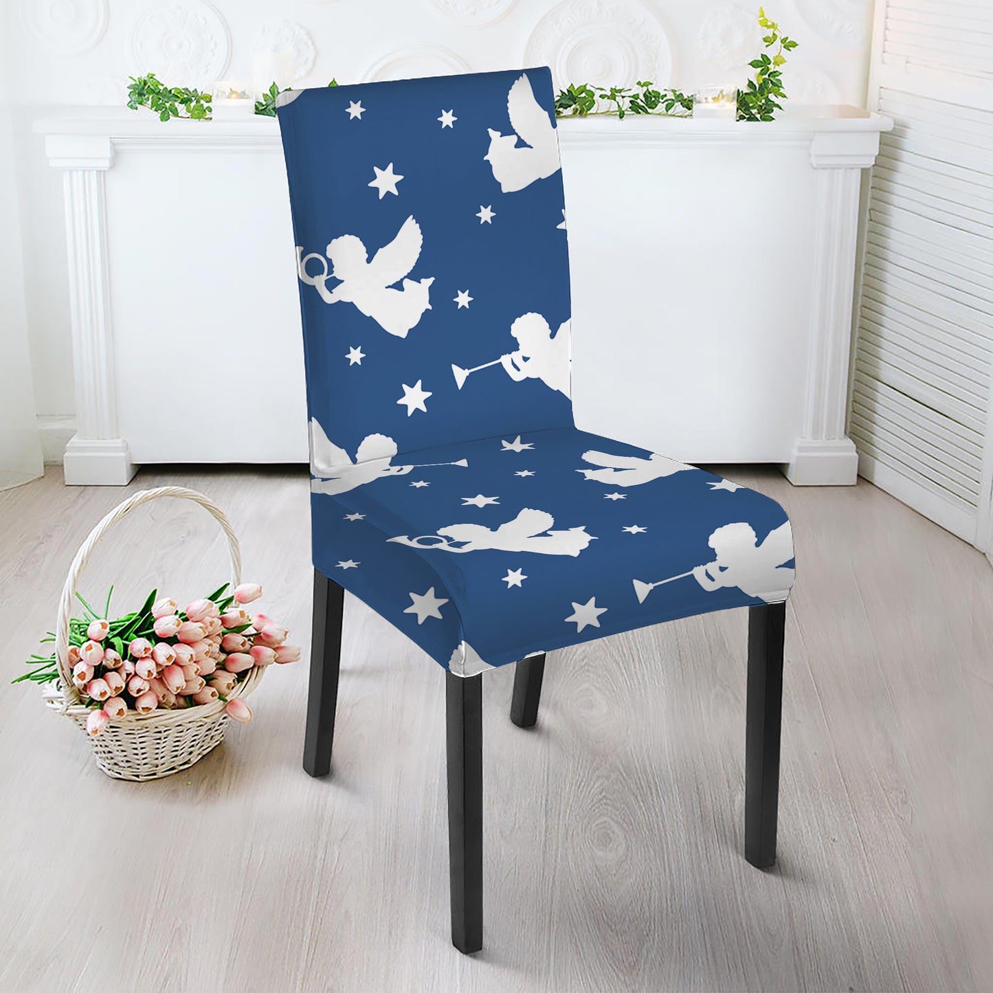 Blue And White Angel Pattern Print Dining Chair Slipcover