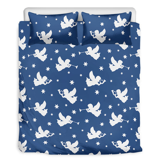 Blue And White Angel Pattern Print Duvet Cover Bedding Set