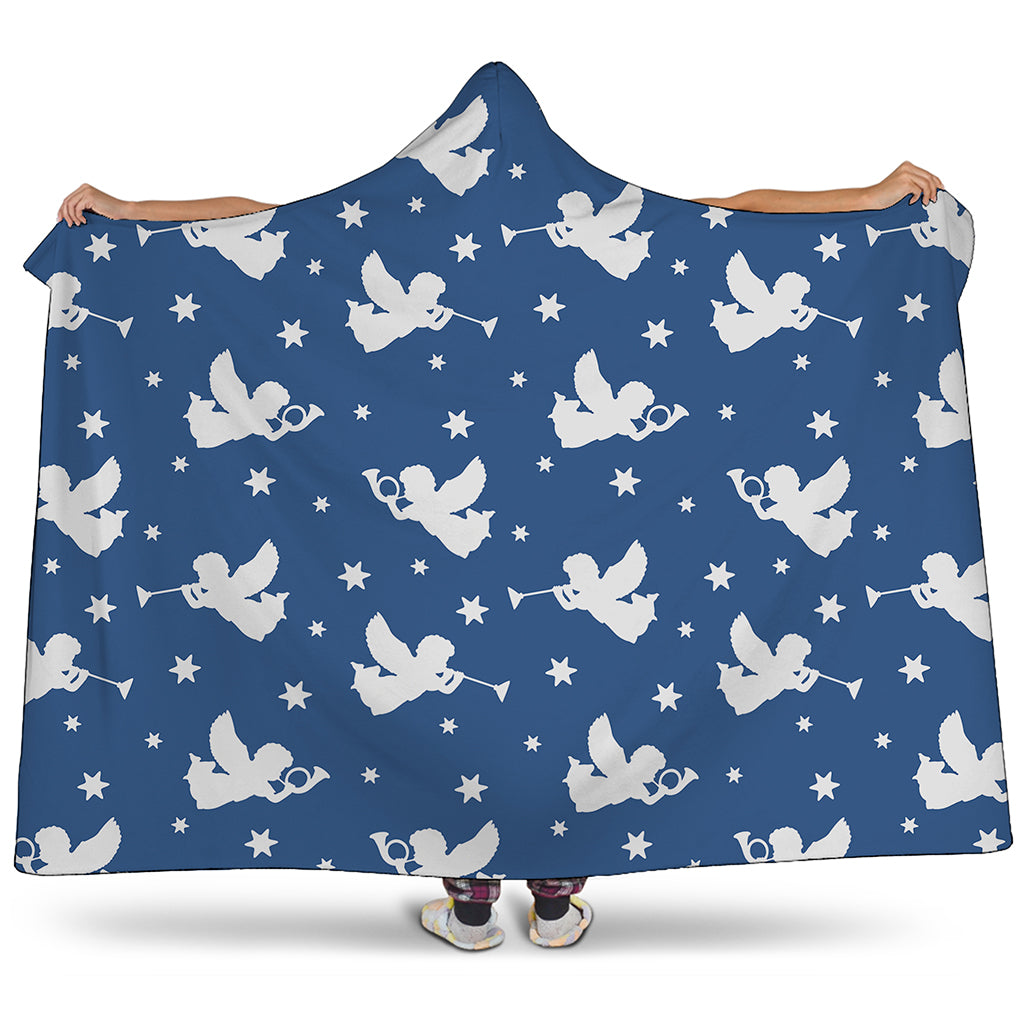 Blue And White Angel Pattern Print Hooded Blanket