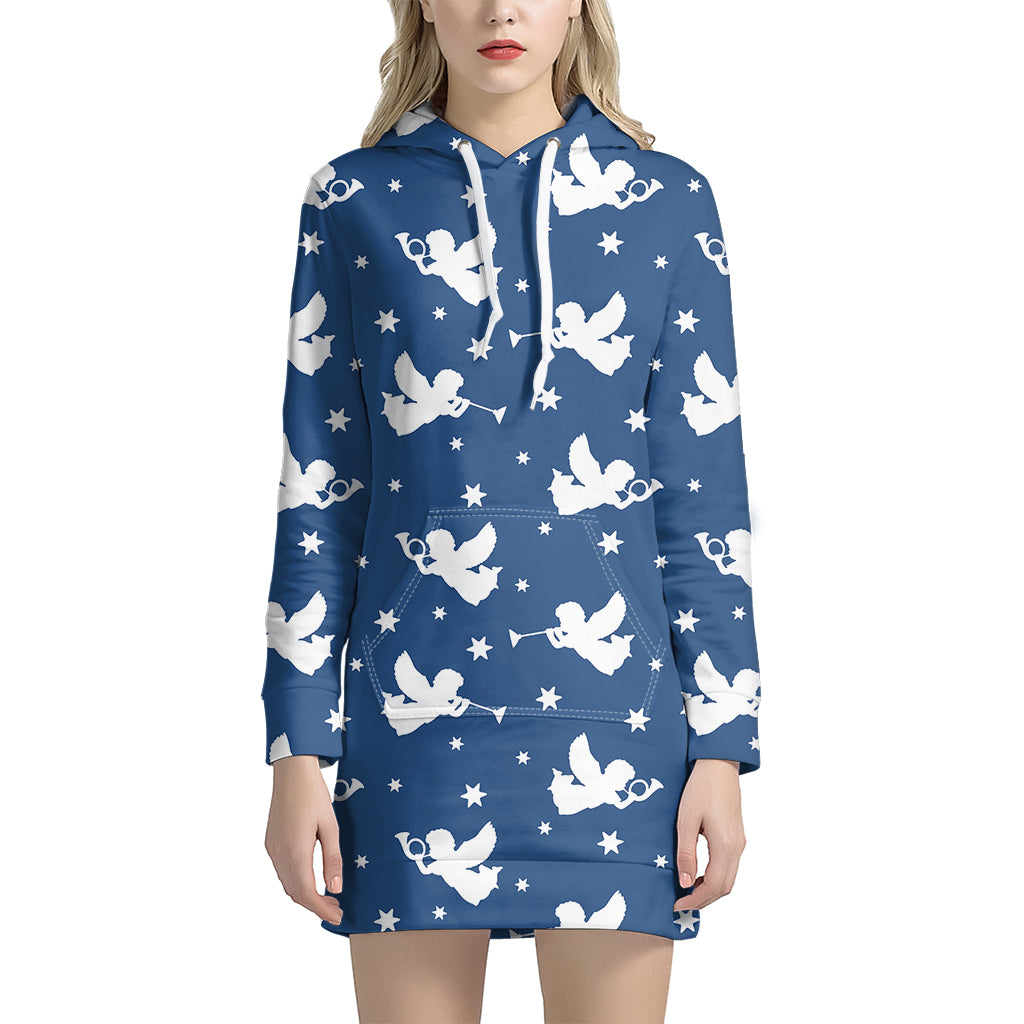 Blue And White Angel Pattern Print Hoodie Dress