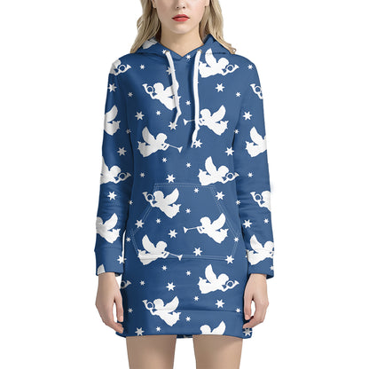 Blue And White Angel Pattern Print Hoodie Dress