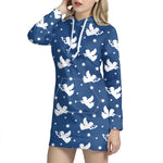 Blue And White Angel Pattern Print Hoodie Dress
