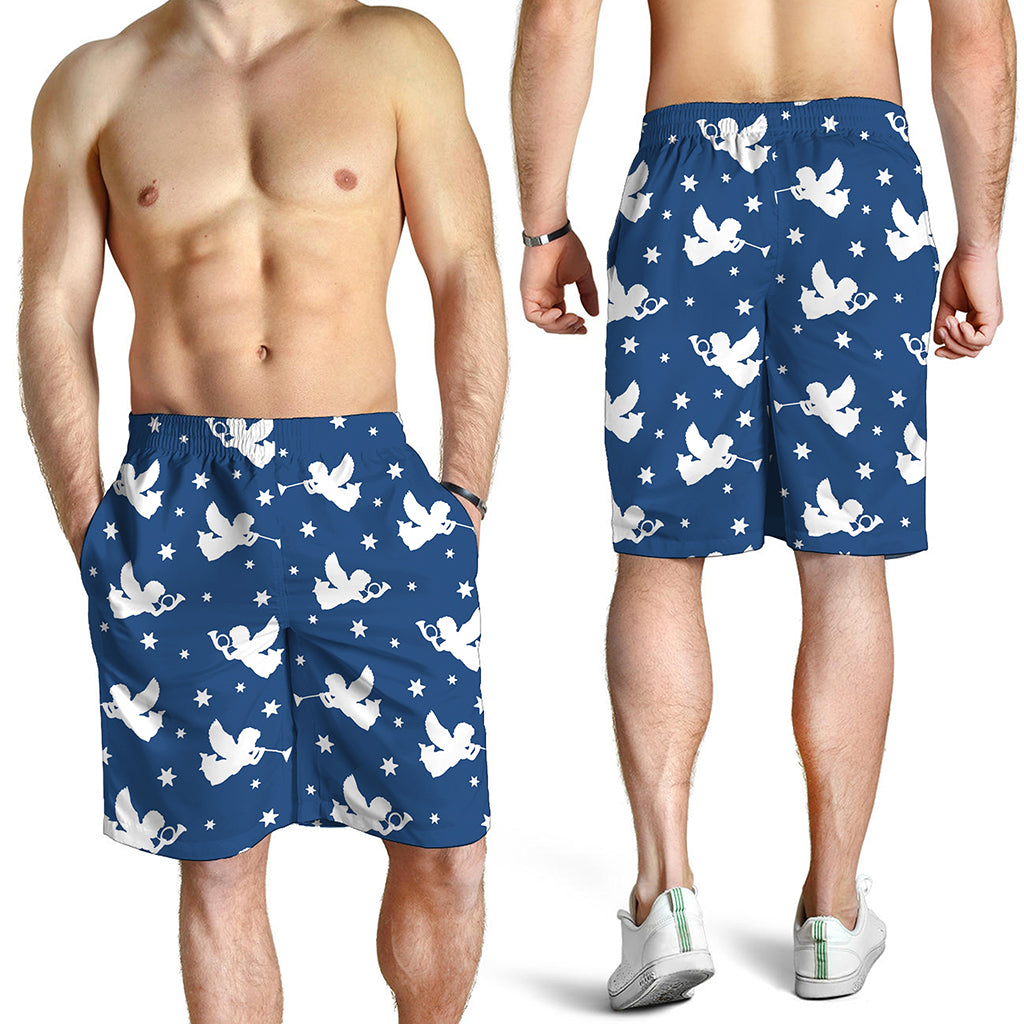 Blue And White Angel Pattern Print Men's Shorts