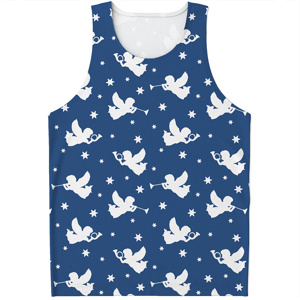Blue And White Angel Pattern Print Men's Tank Top