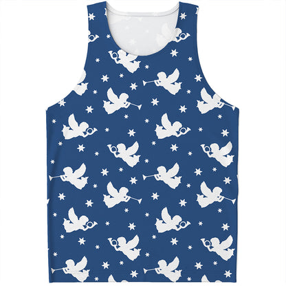 Blue And White Angel Pattern Print Men's Tank Top
