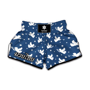 Blue And White Angel Pattern Print Muay Thai Boxing Shorts