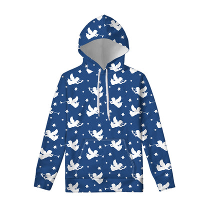 Blue And White Angel Pattern Print Pullover Hoodie