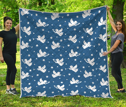 Blue And White Angel Pattern Print Quilt