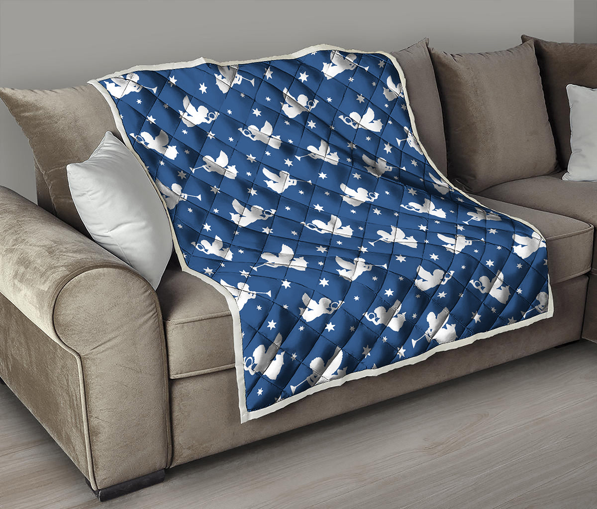 Blue And White Angel Pattern Print Quilt