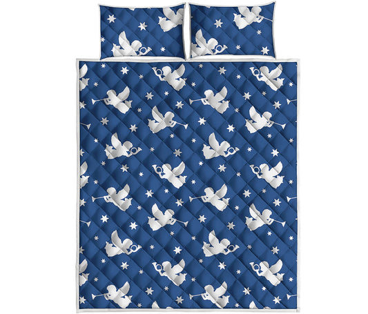 Blue And White Angel Pattern Print Quilt Bed Set