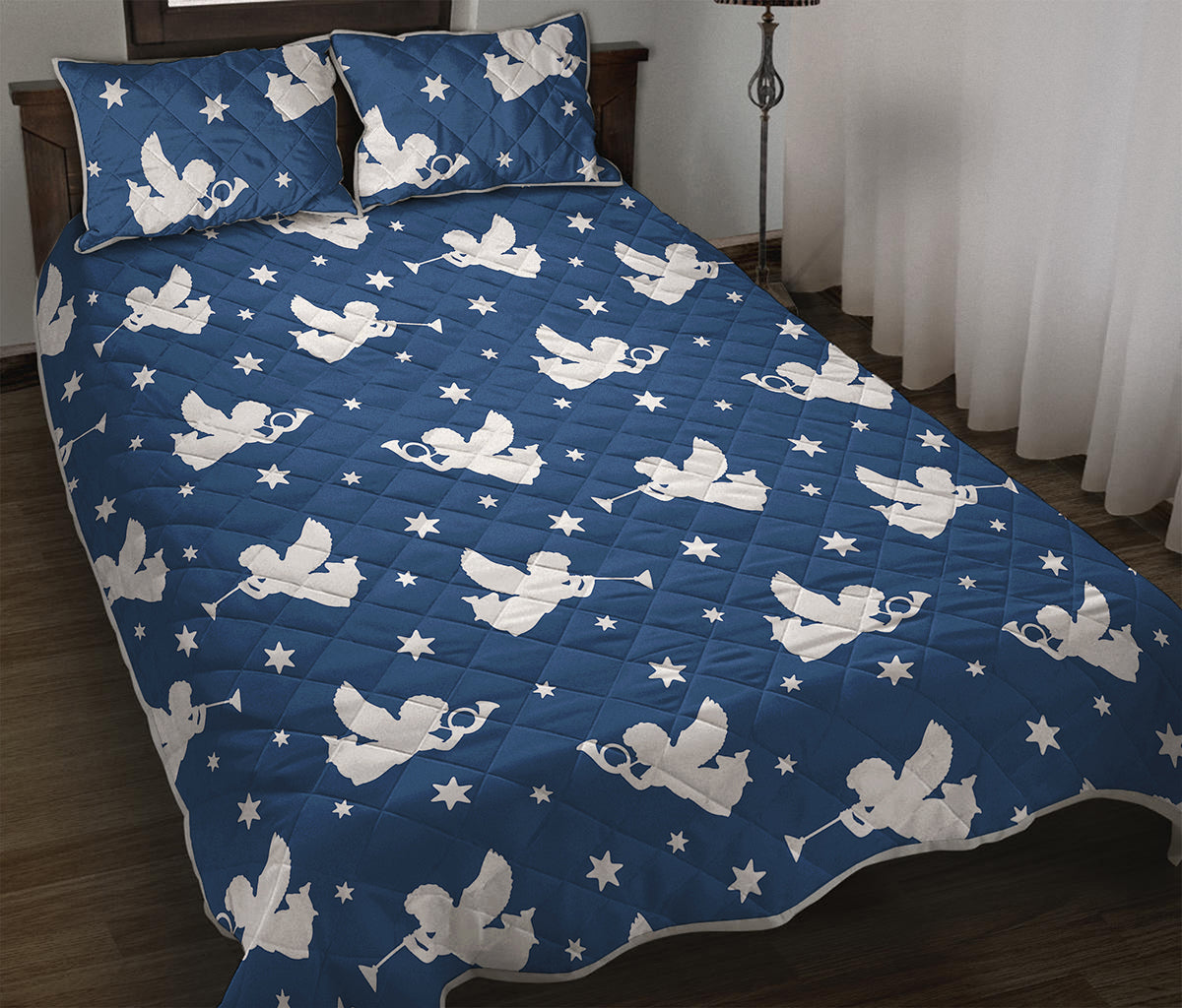 Blue And White Angel Pattern Print Quilt Bed Set