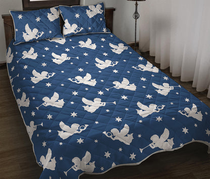 Blue And White Angel Pattern Print Quilt Bed Set