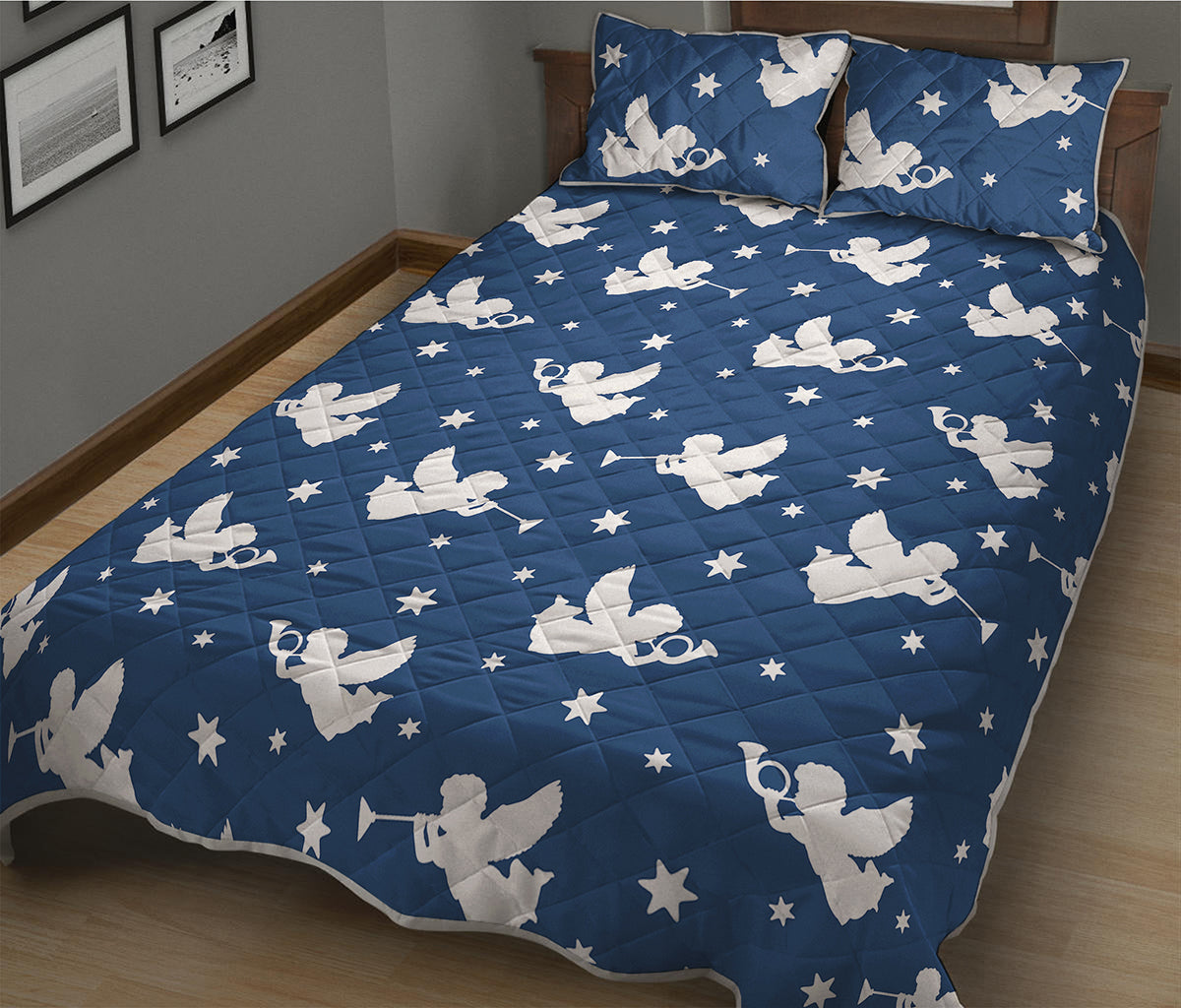 Blue And White Angel Pattern Print Quilt Bed Set