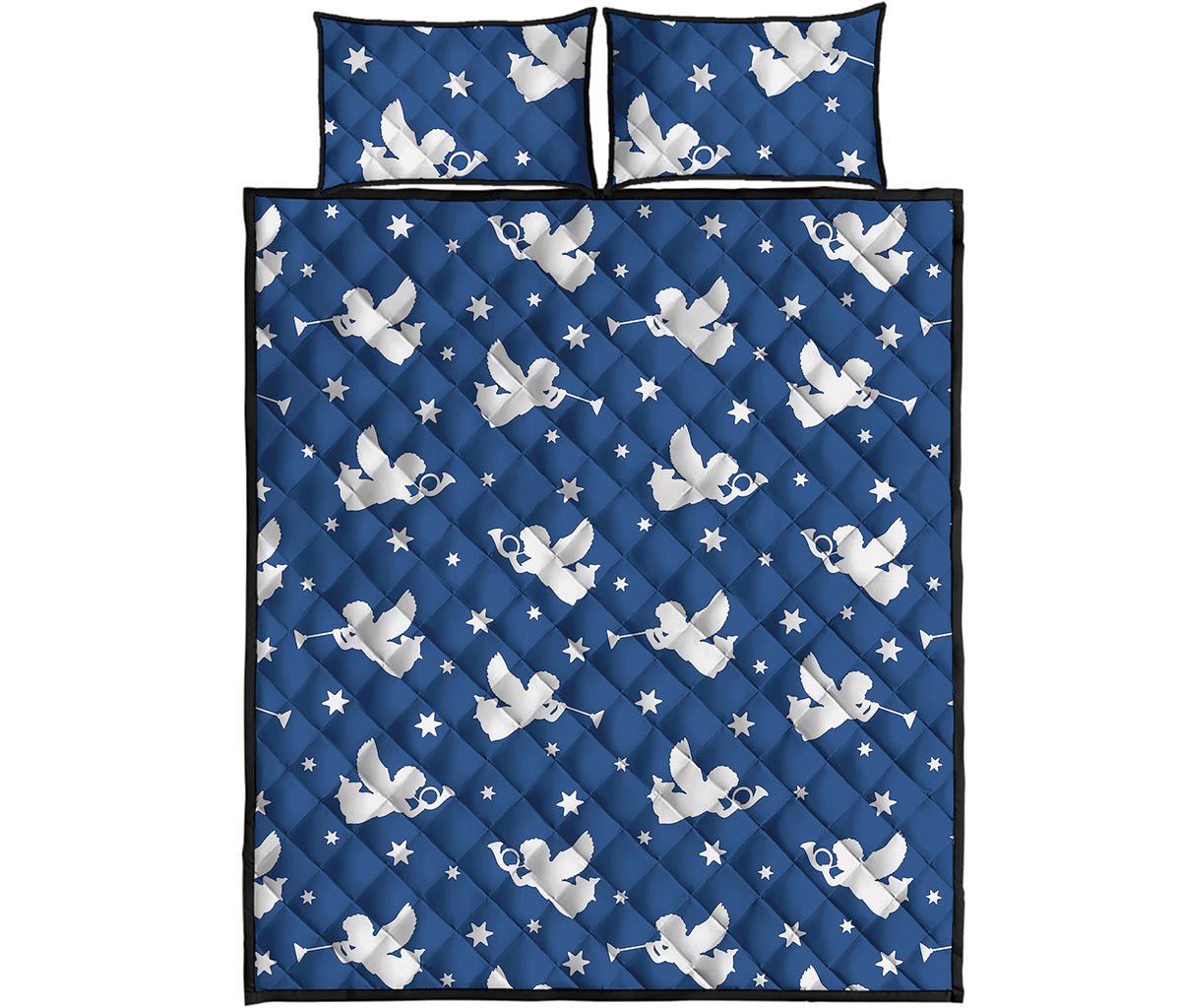 Blue And White Angel Pattern Print Quilt Bed Set
