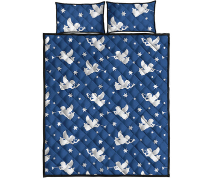 Blue And White Angel Pattern Print Quilt Bed Set