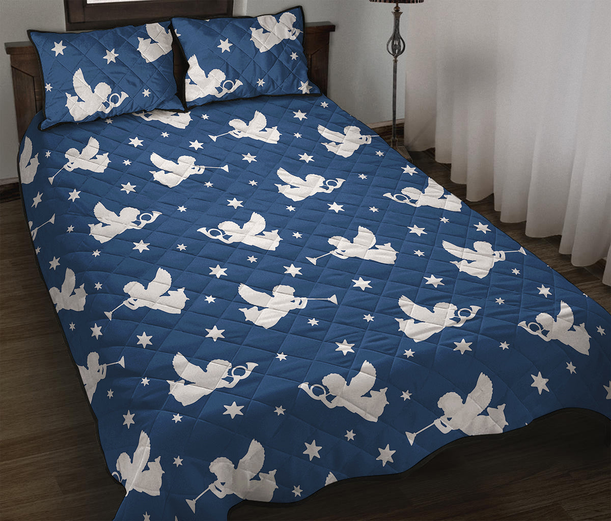 Blue And White Angel Pattern Print Quilt Bed Set