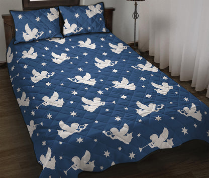 Blue And White Angel Pattern Print Quilt Bed Set