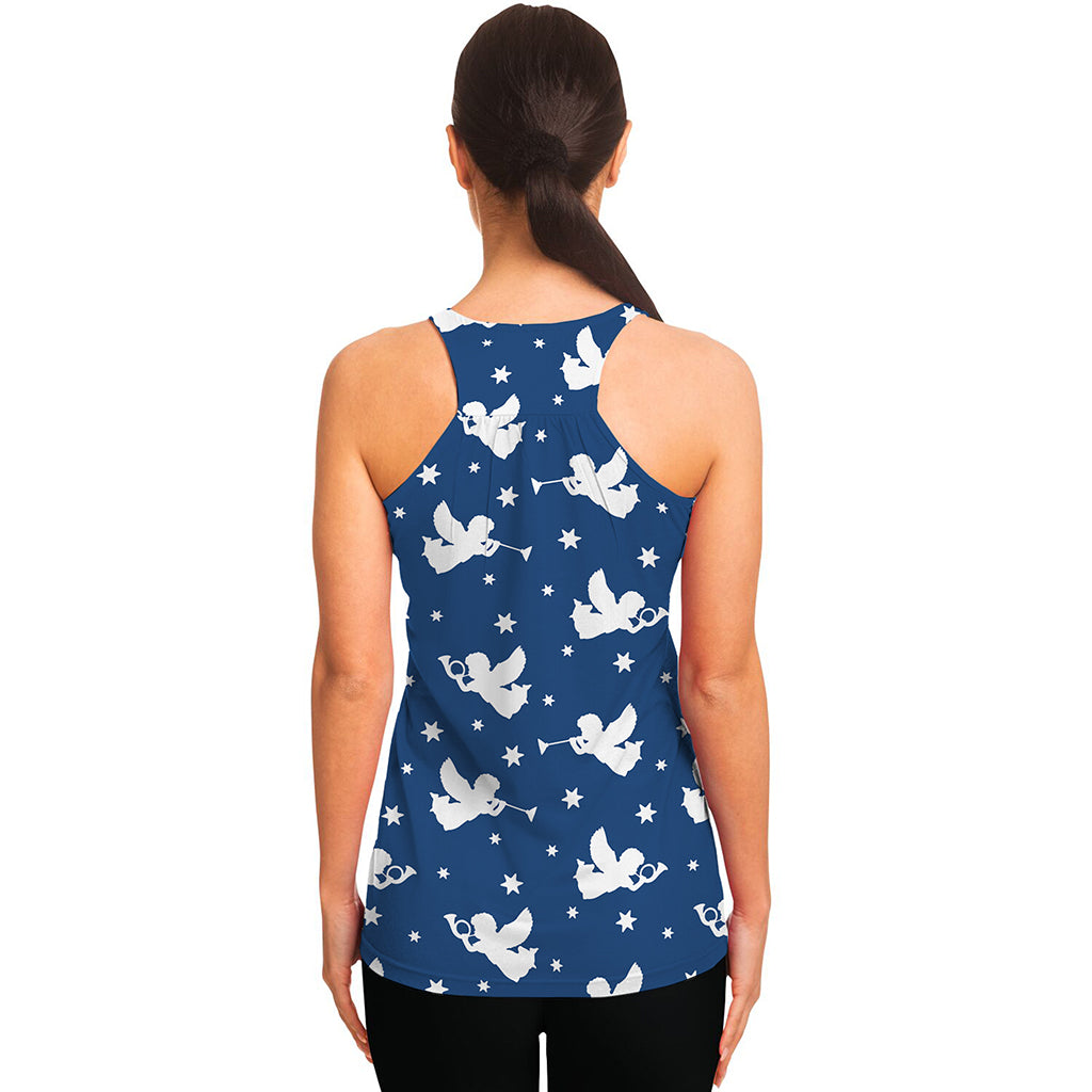 Blue And White Angel Pattern Print Women's Racerback Tank Top