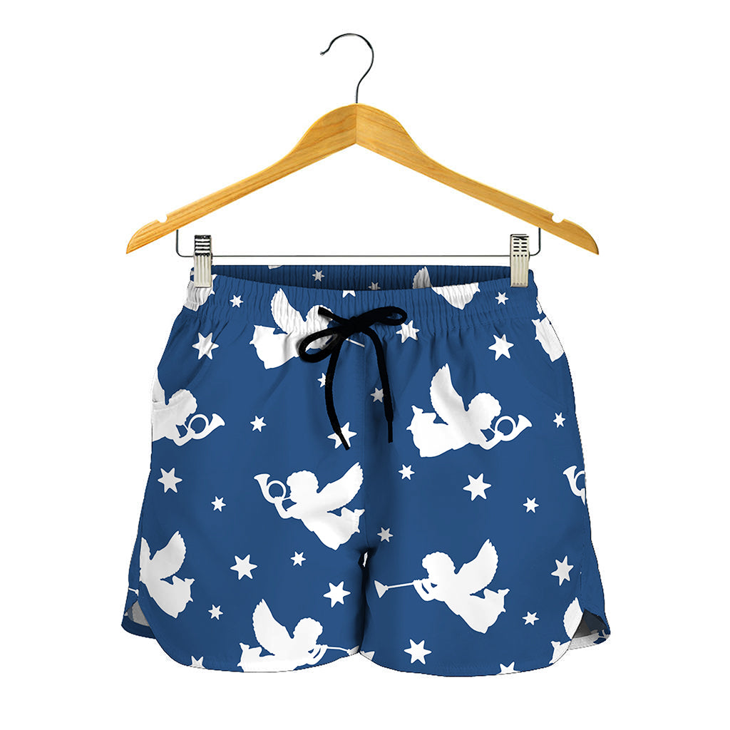 Blue And White Angel Pattern Print Women's Shorts