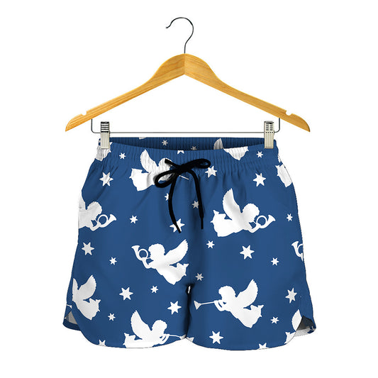 Blue And White Angel Pattern Print Women's Shorts