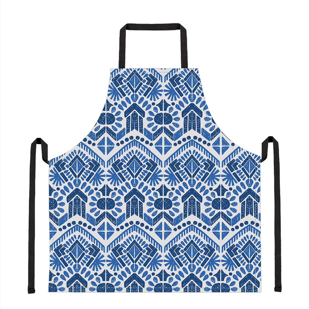 Blue And White Aztec Pattern Print Apron