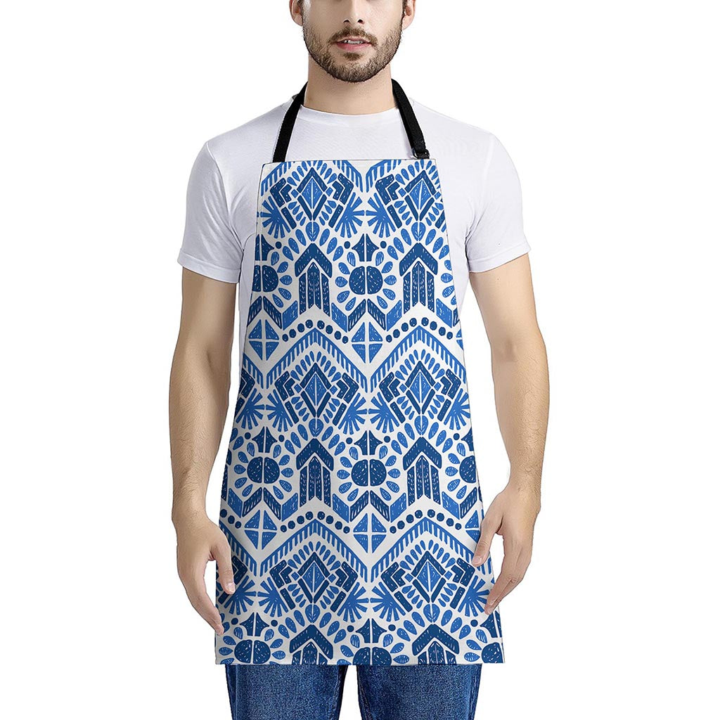Blue And White Aztec Pattern Print Apron
