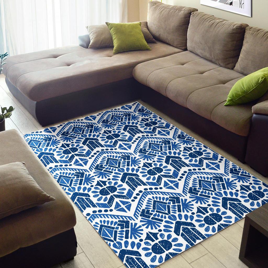 Blue And White Aztec Pattern Print Area Rug GearFrost