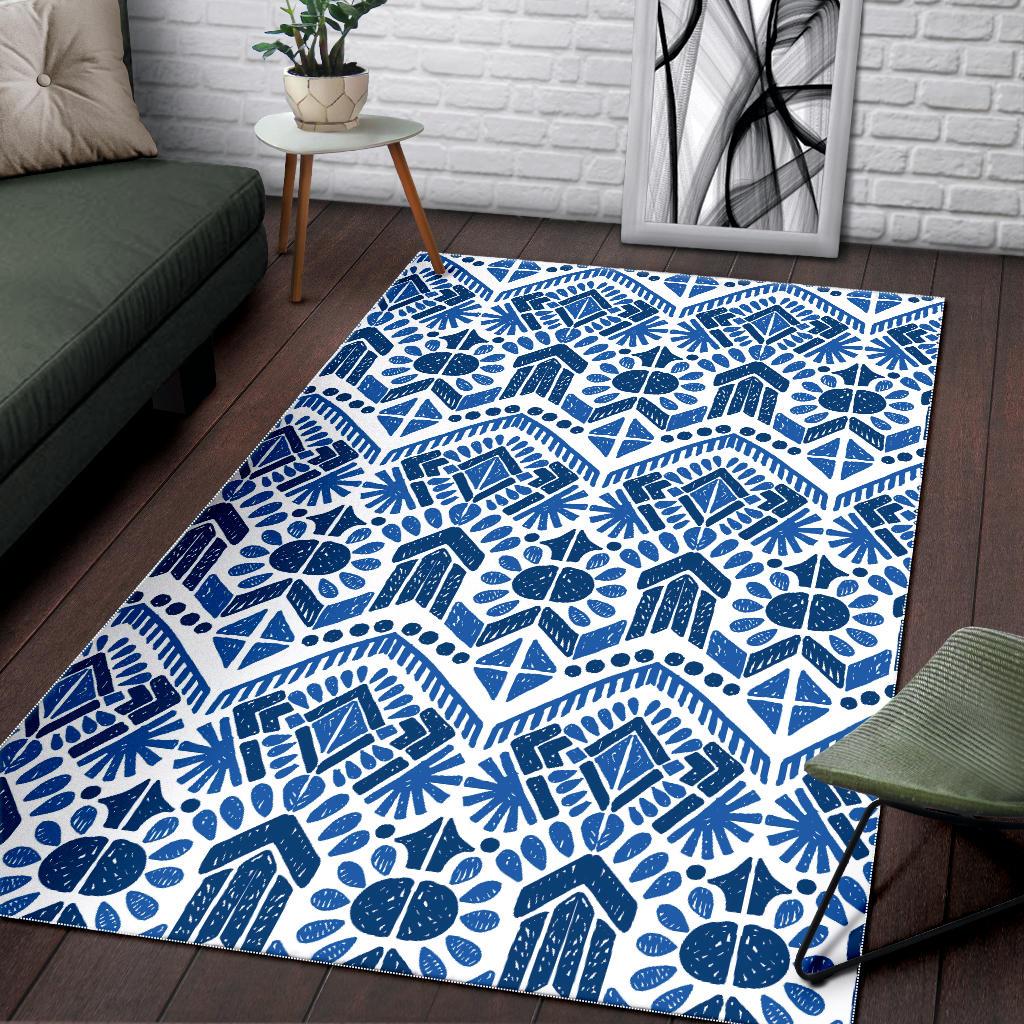 Blue And White Aztec Pattern Print Area Rug GearFrost