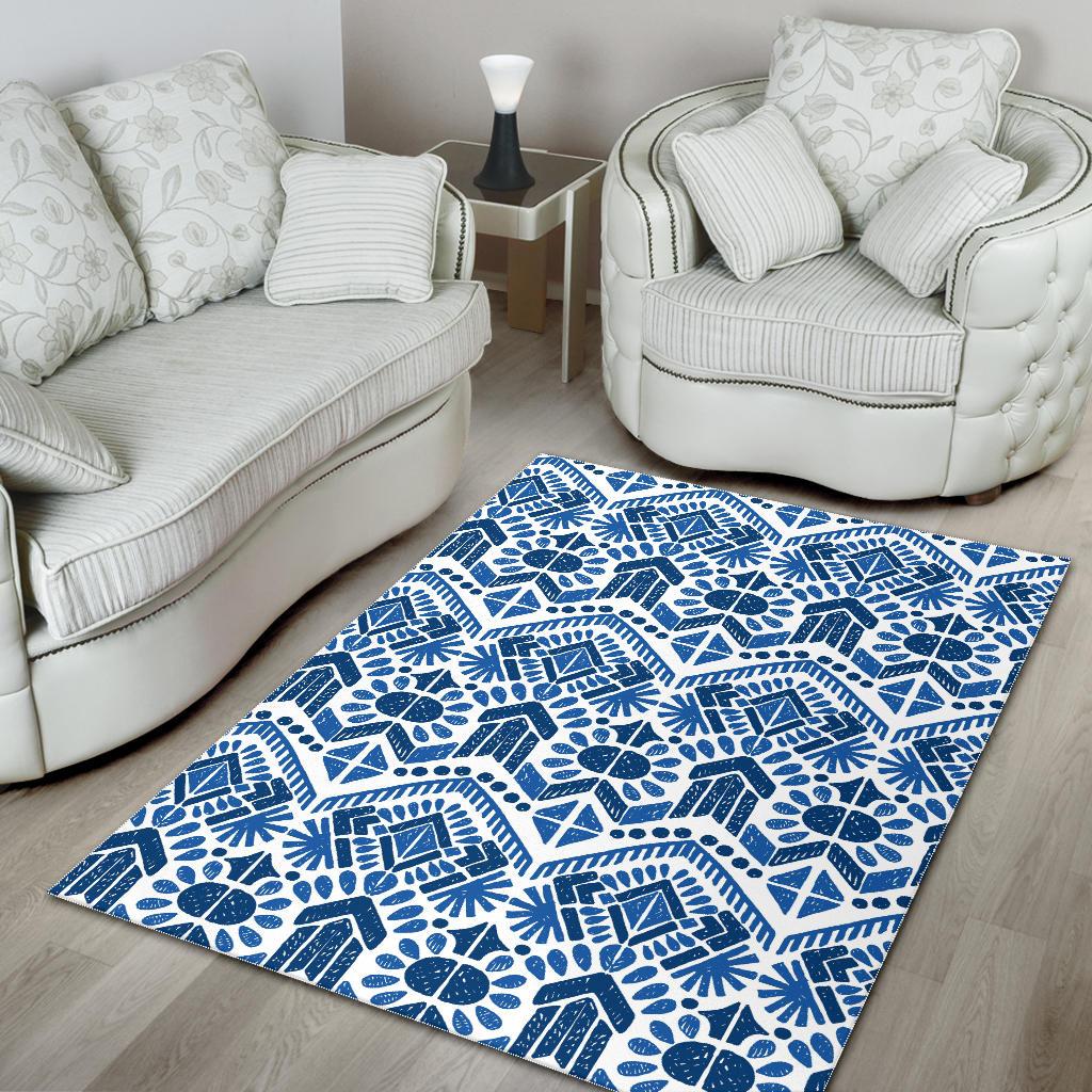 Blue And White Aztec Pattern Print Area Rug GearFrost